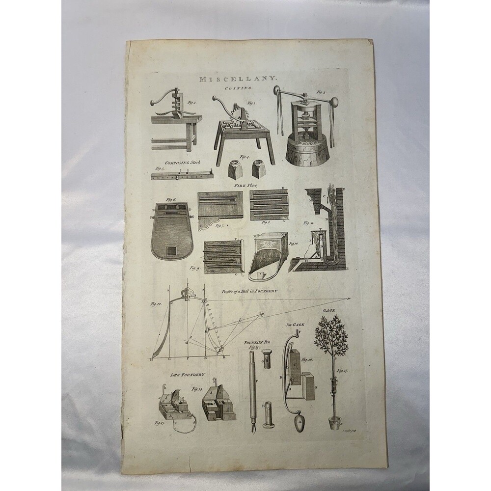 Antique 1800s Miscellany Copper Engravings Coining Bell Foundry Tools Plate